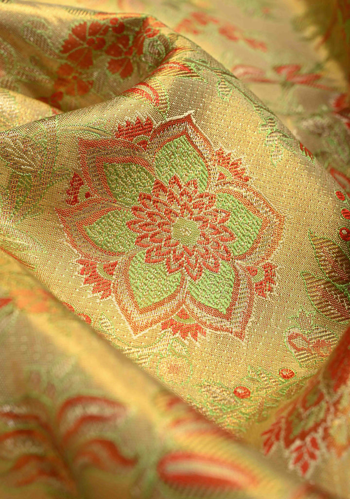 Beige-Green Tissue Kanjivaram Pure Silk Saree with Meenakari Floral Brocade and Contrast Wide Zari Border | SILK MARK CERTIFIED