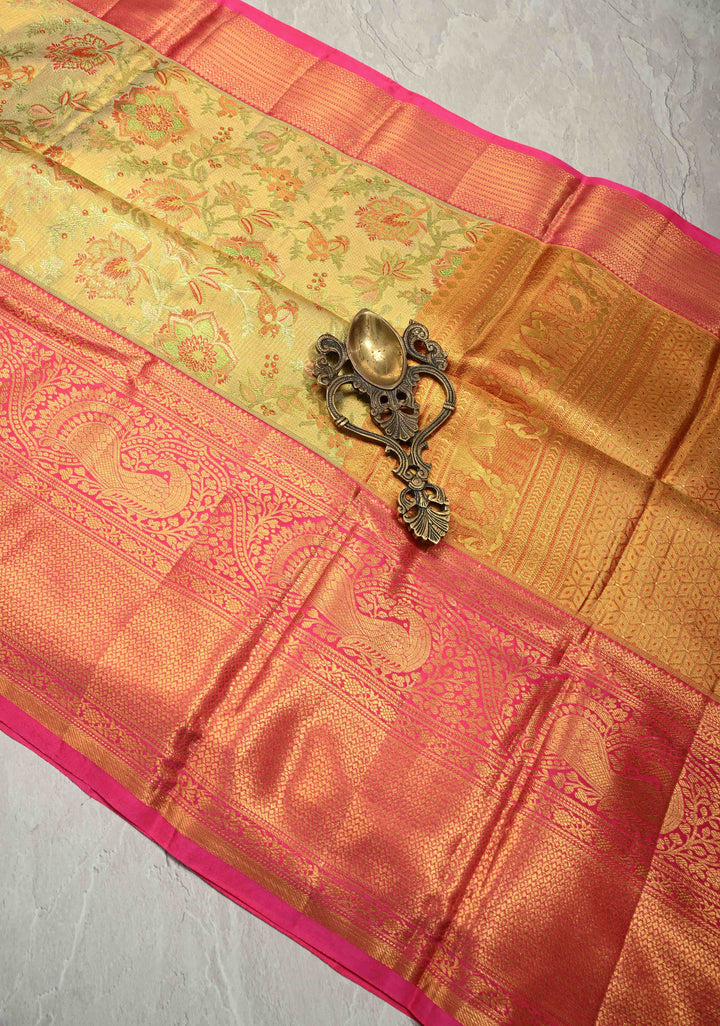 Beige-Green Tissue Kanjivaram Pure Silk Saree with Meenakari Floral Brocade and Contrast Wide Zari Border | SILK MARK CERTIFIED