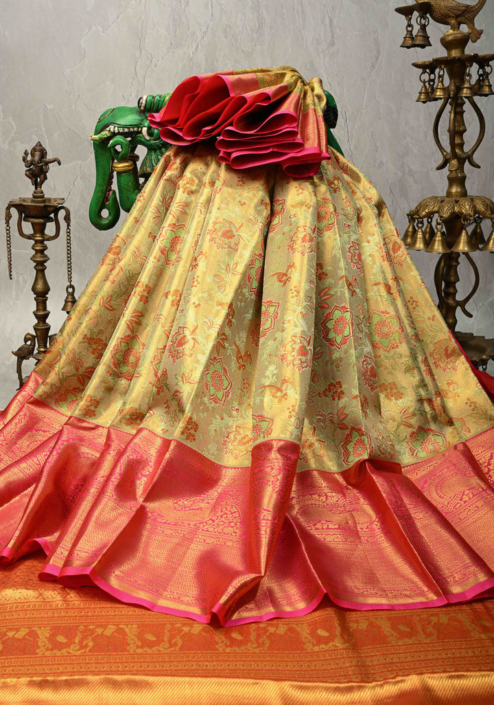 Beige-Green Tissue Kanjivaram Pure Silk Saree with Meenakari Floral Brocade and Contrast Wide Zari Border | SILK MARK CERTIFIED