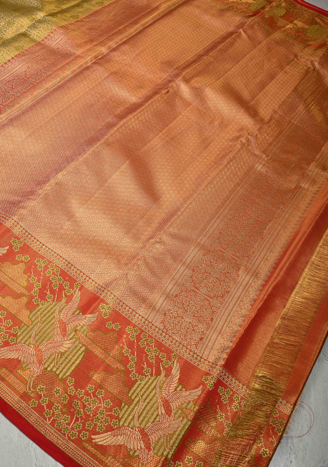 Ollive Green Meenakari on Tissue Kanjivaram Pure Silk Saree with Floral Jaal Brocade and Contrast Wide Zari Border | SILK MARK CERTIFIED