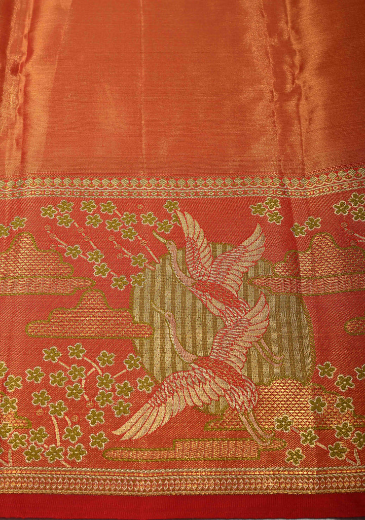 Ollive Green Meenakari on Tissue Kanjivaram Pure Silk Saree with Floral Jaal Brocade and Contrast Wide Zari Border | SILK MARK CERTIFIED