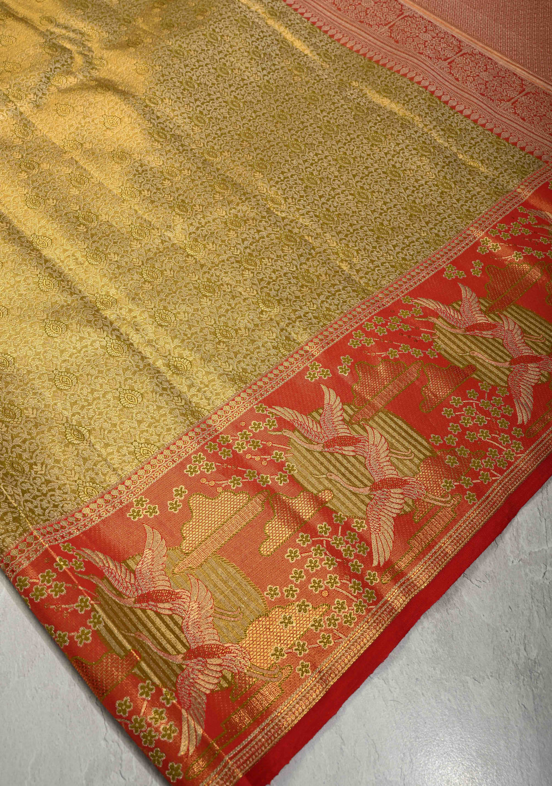 Ollive Green Meenakari on Tissue Kanjivaram Pure Silk Saree with Floral Jaal Brocade and Contrast Wide Zari Border | SILK MARK CERTIFIED