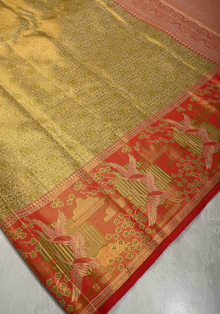 Ollive Green Meenakari on Tissue Kanjivaram Pure Silk Saree with Floral Jaal Brocade and Contrast Wide Zari Border | SILK MARK CERTIFIED