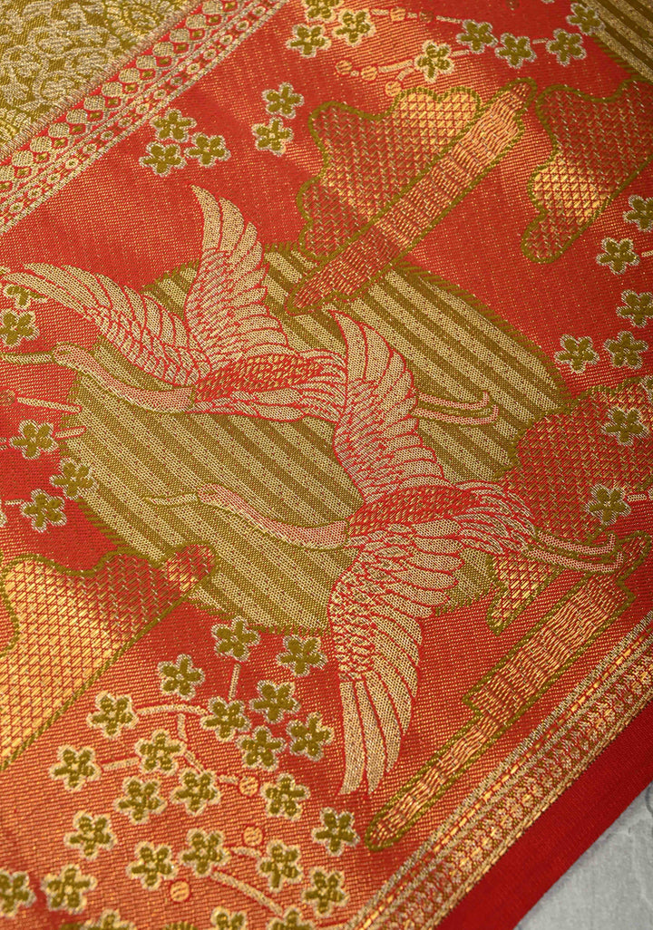 Ollive Green Meenakari on Tissue Kanjivaram Pure Silk Saree with Floral Jaal Brocade and Contrast Wide Zari Border | SILK MARK CERTIFIED