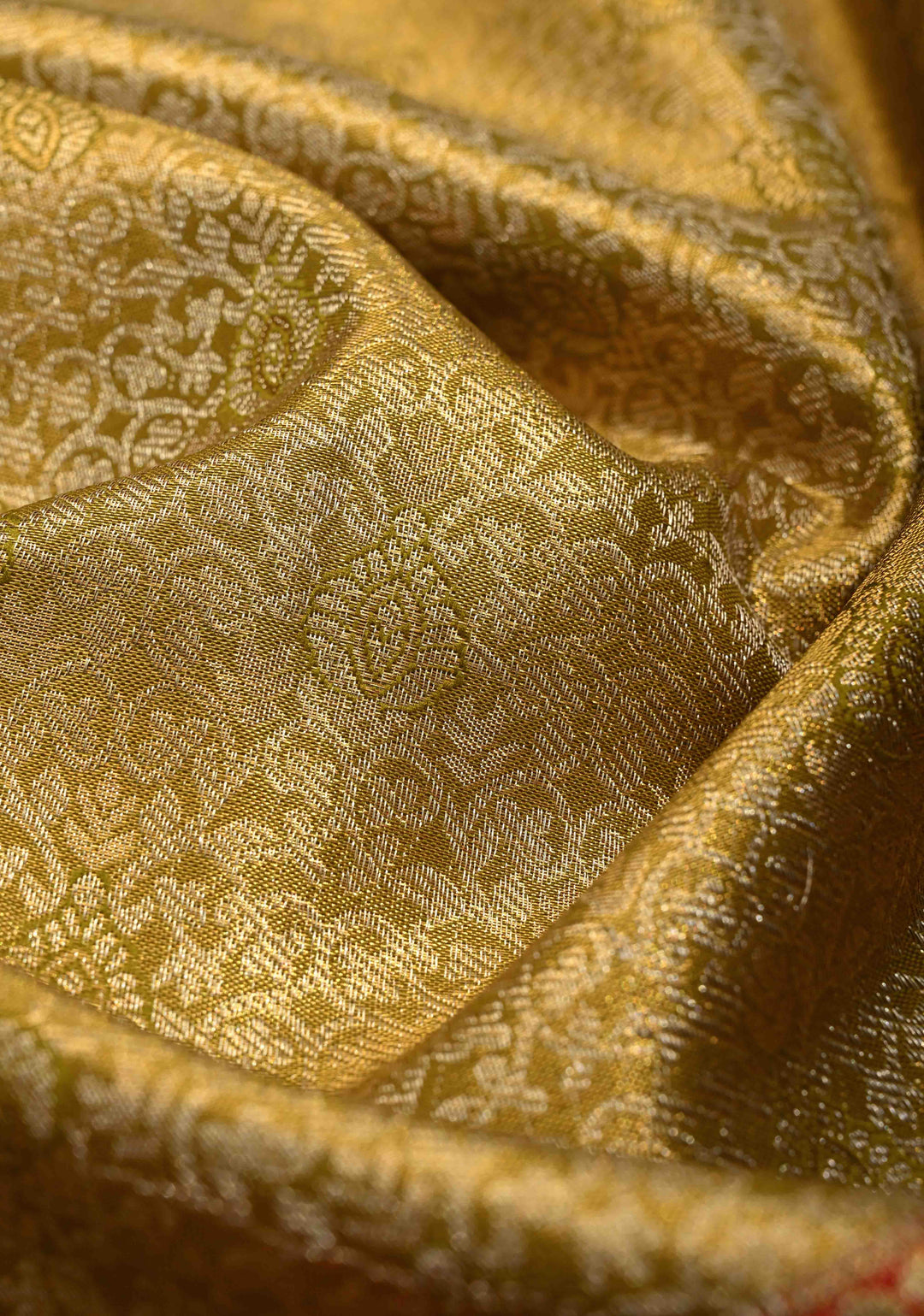 Ollive Green Meenakari on Tissue Kanjivaram Pure Silk Saree with Floral Jaal Brocade and Contrast Wide Zari Border | SILK MARK CERTIFIED