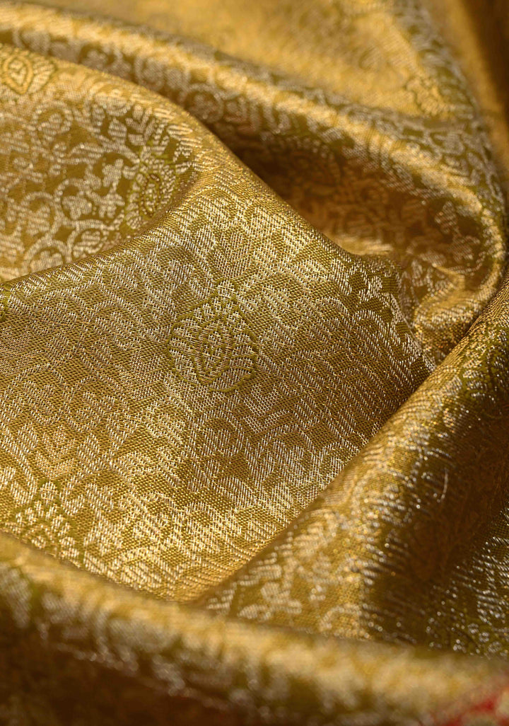 Ollive Green Meenakari on Tissue Kanjivaram Pure Silk Saree with Floral Jaal Brocade and Contrast Wide Zari Border | SILK MARK CERTIFIED