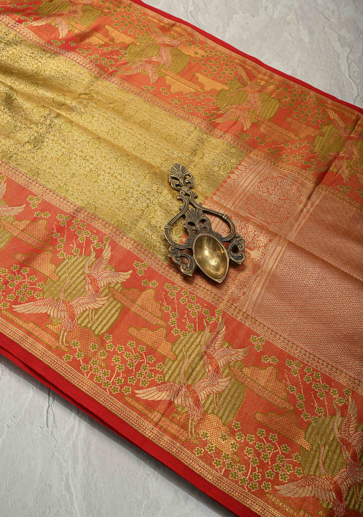 Ollive Green Meenakari on Tissue Kanjivaram Pure Silk Saree with Floral Jaal Brocade and Contrast Wide Zari Border | SILK MARK CERTIFIED