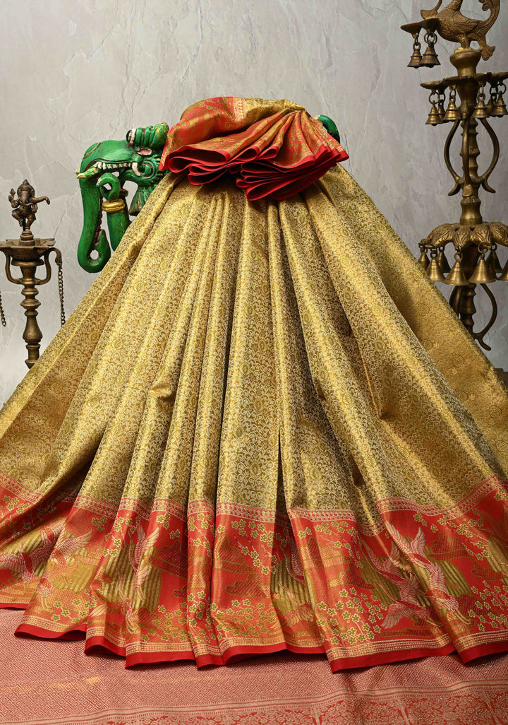 Ollive Green Meenakari on Tissue Kanjivaram Pure Silk Saree with Floral Jaal Brocade and Contrast Wide Zari Border | SILK MARK CERTIFIED