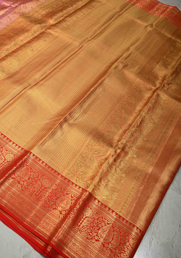 Salmon Pink Tissue Kanjivaram Pure Silk Saree with Meenakari Floral Brocade and Contrast Zari Border | SILK MARK CERTIFIED