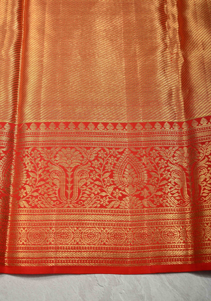 Salmon Pink Tissue Kanjivaram Pure Silk Saree with Meenakari Floral Brocade and Contrast Zari Border | SILK MARK CERTIFIED
