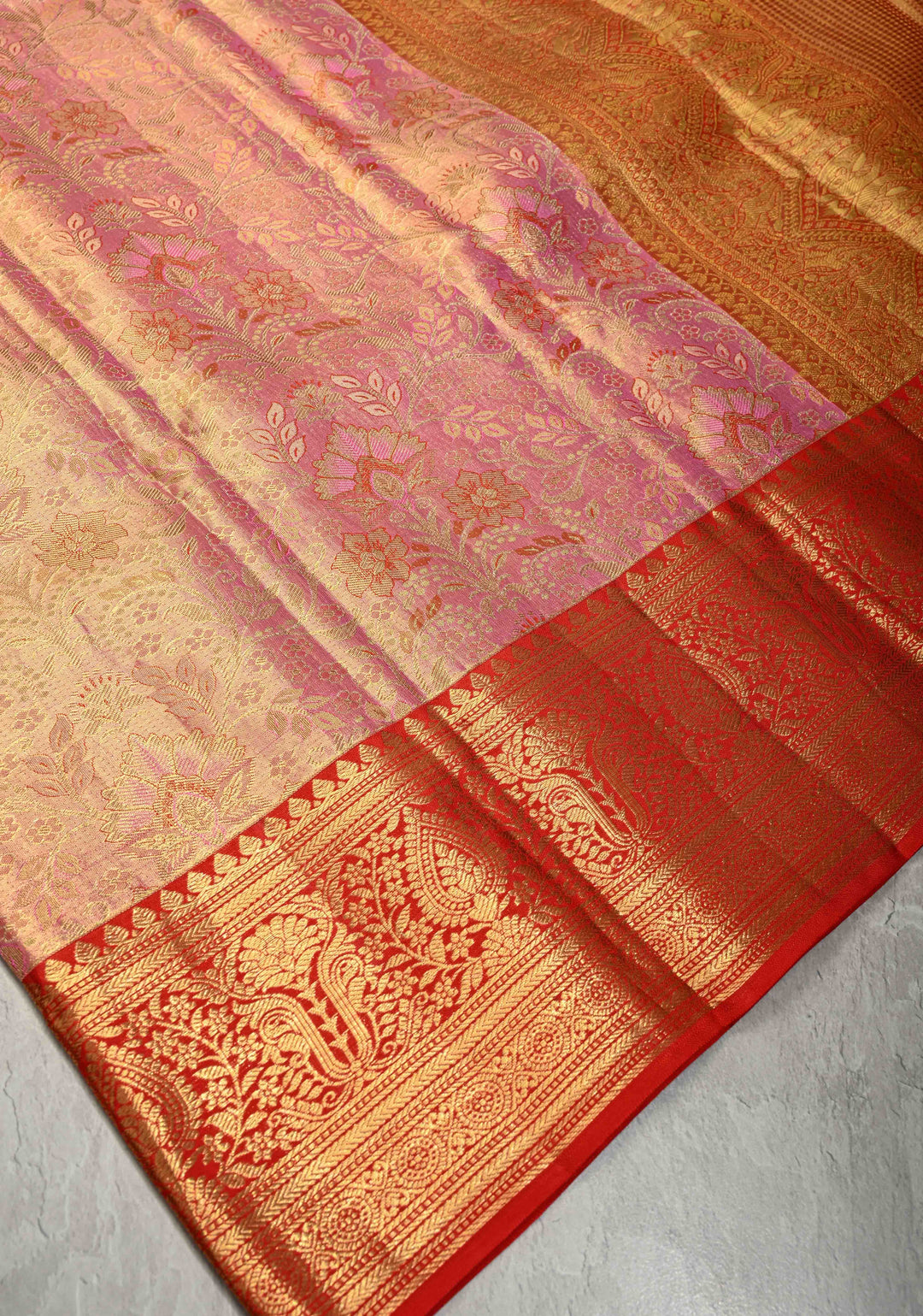 Salmon Pink Tissue Kanjivaram Pure Silk Saree with Meenakari Floral Brocade and Contrast Zari Border | SILK MARK CERTIFIED