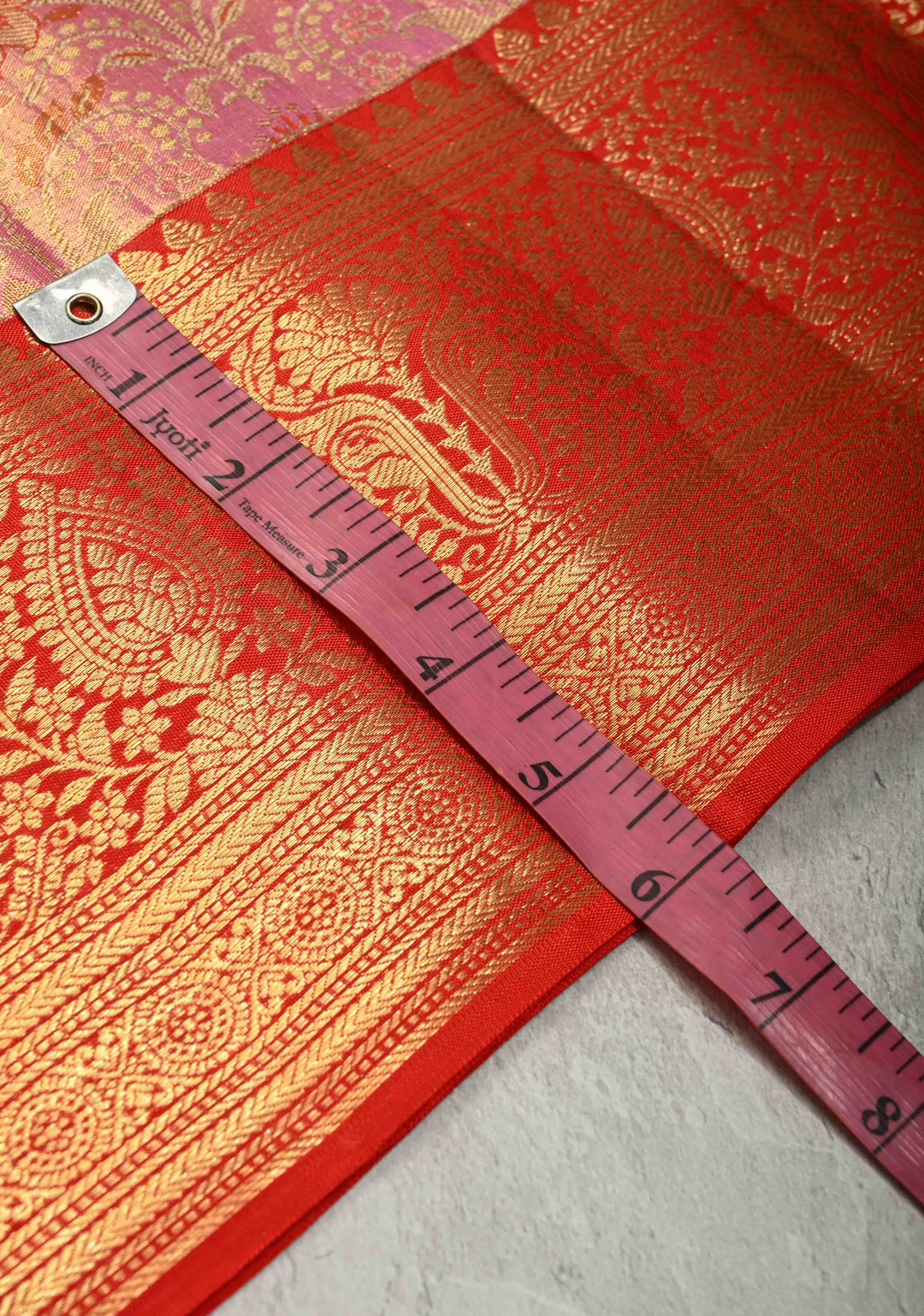 Salmon Pink Tissue Kanjivaram Pure Silk Saree with Meenakari Floral Brocade and Contrast Zari Border | SILK MARK CERTIFIED