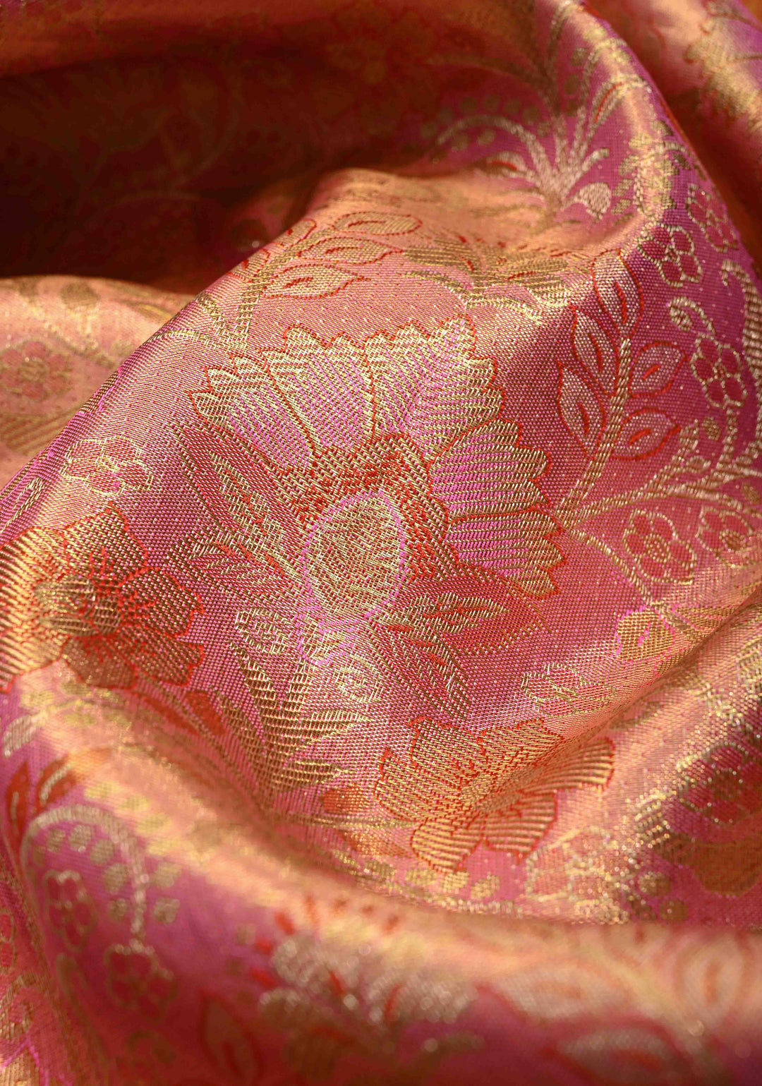 Salmon Pink Tissue Kanjivaram Pure Silk Saree with Meenakari Floral Brocade and Contrast Zari Border | SILK MARK CERTIFIED