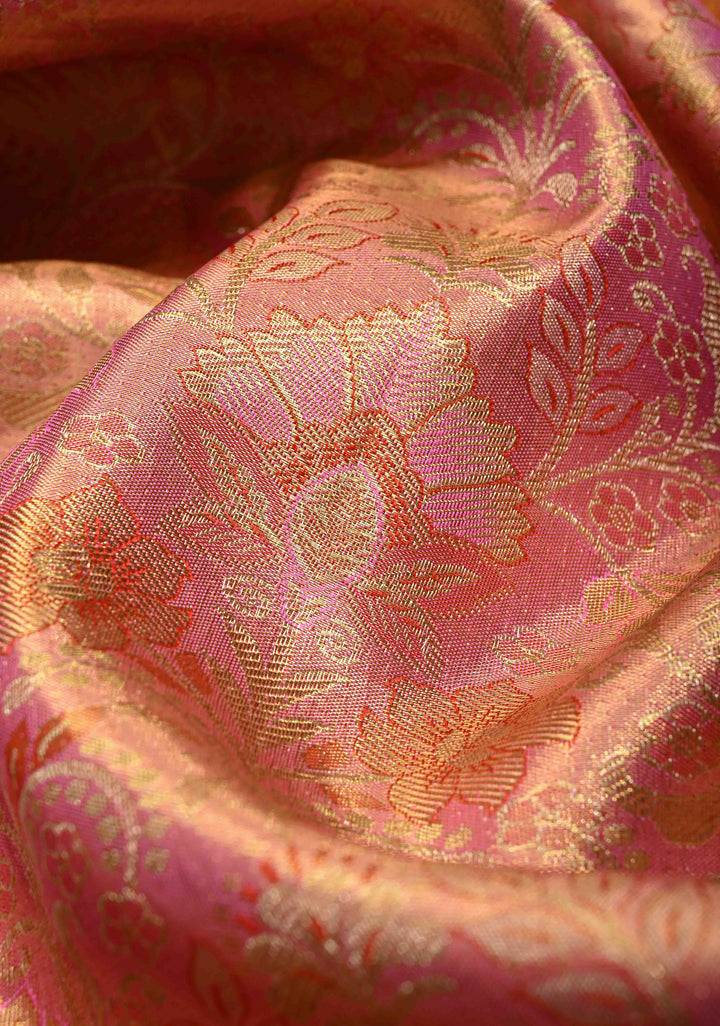 Salmon Pink Tissue Kanjivaram Pure Silk Saree with Meenakari Floral Brocade and Contrast Zari Border | SILK MARK CERTIFIED