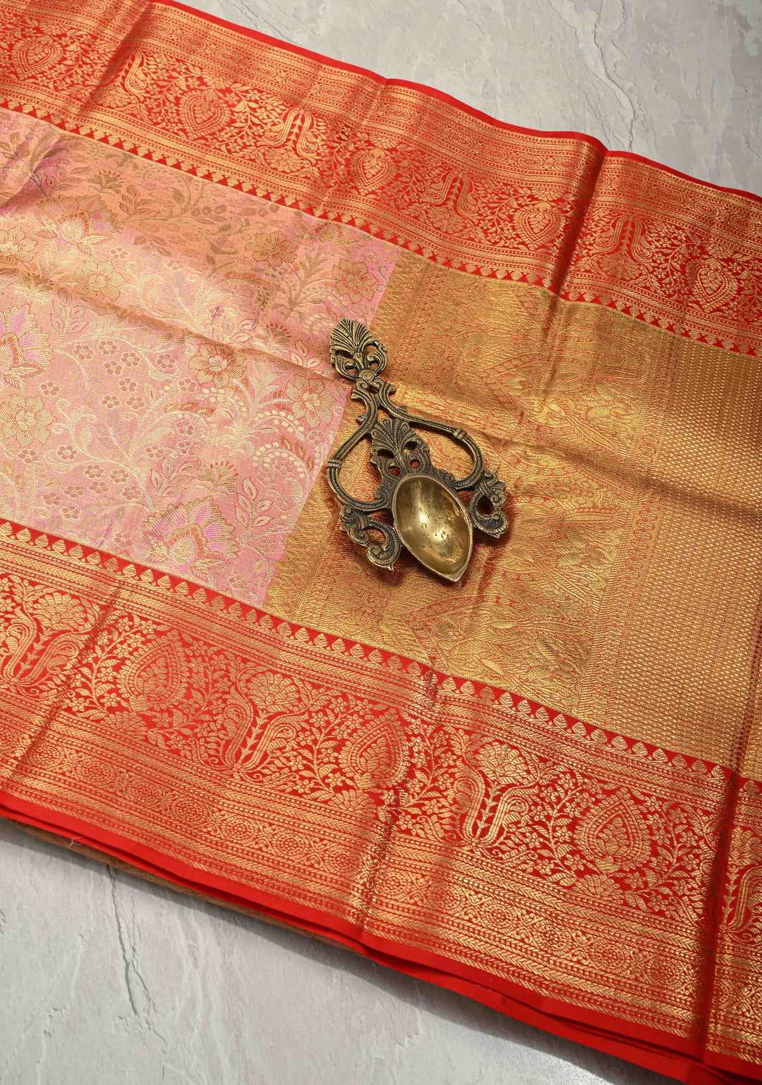 Salmon Pink Tissue Kanjivaram Pure Silk Saree with Meenakari Floral Brocade and Contrast Zari Border | SILK MARK CERTIFIED