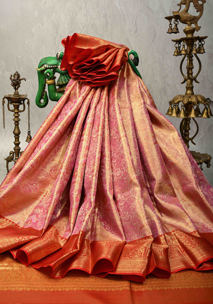 Salmon Pink Tissue Kanjivaram Pure Silk Saree with Meenakari Floral Brocade and Contrast Zari Border | SILK MARK CERTIFIED