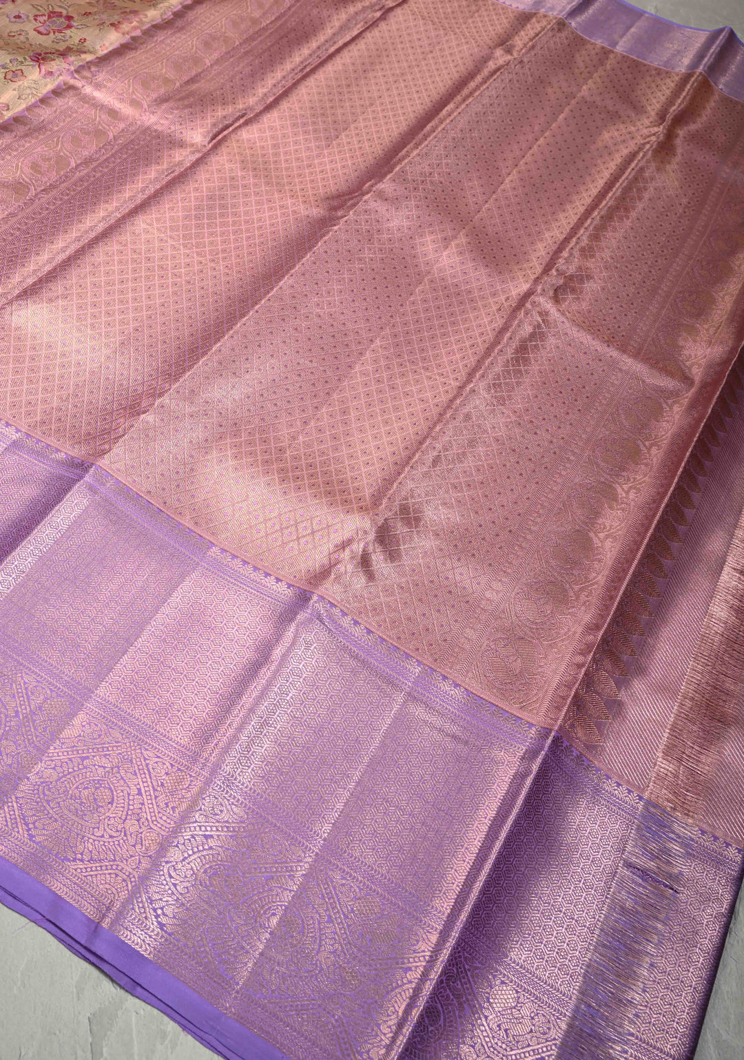 Beige Rose Kanjivaram Tissue Silk Saree with Meenakari Floral Jaal and Lavender Purple Border | SILK MARK CERTIFIED