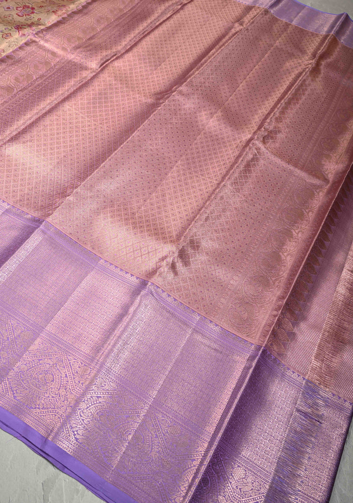 Beige Rose Kanjivaram Tissue Silk Saree with Meenakari Floral Jaal and Lavender Purple Border | SILK MARK CERTIFIED