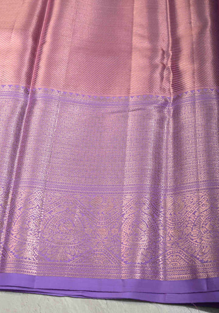 Beige Rose Kanjivaram Tissue Silk Saree with Meenakari Floral Jaal and Lavender Purple Border | SILK MARK CERTIFIED