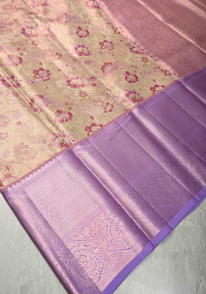 Beige Rose Kanjivaram Tissue Silk Saree with Meenakari Floral Jaal and Lavender Purple Border | SILK MARK CERTIFIED