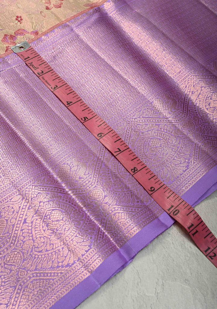 Beige Rose Kanjivaram Tissue Silk Saree with Meenakari Floral Jaal and Lavender Purple Border | SILK MARK CERTIFIED