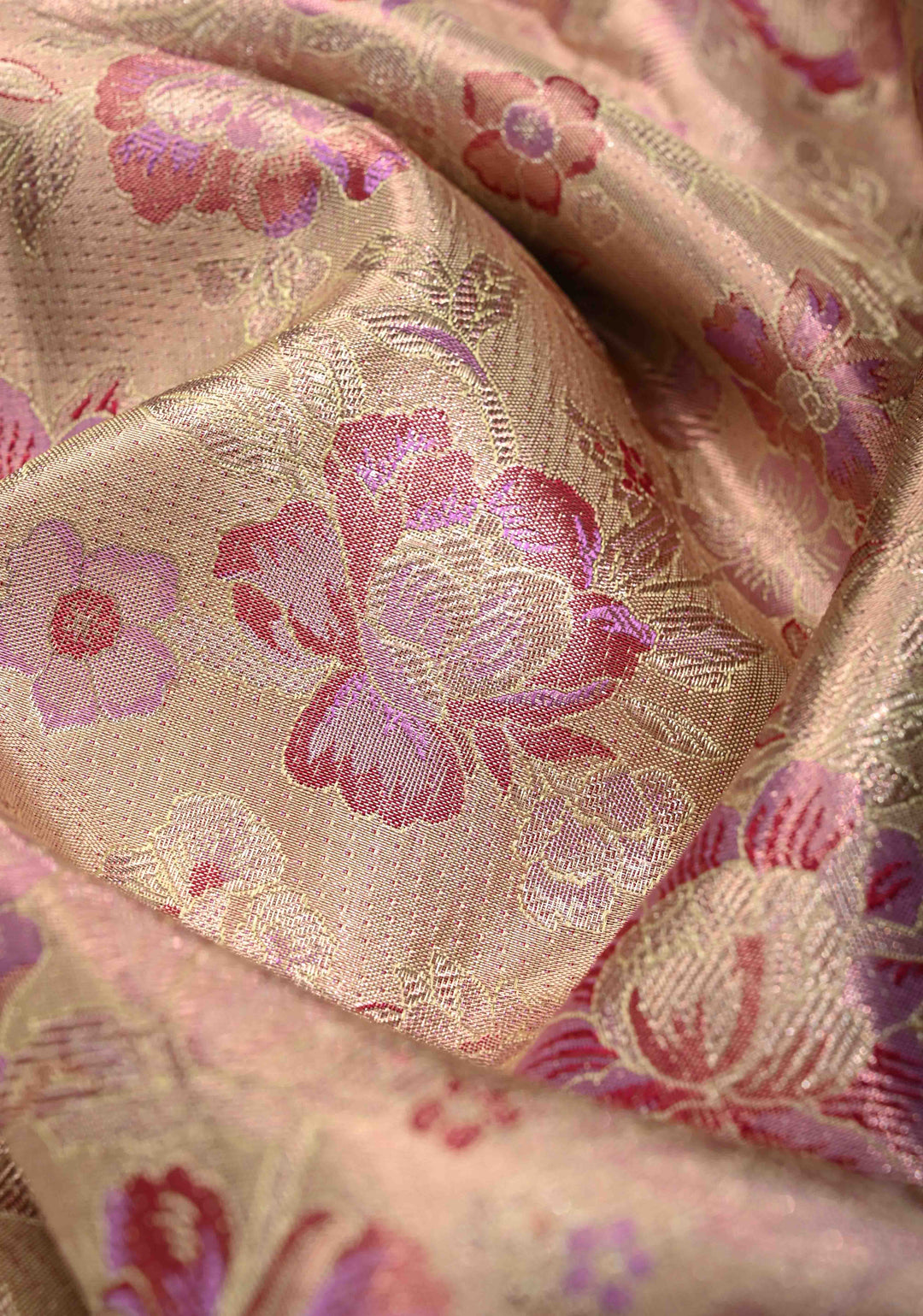 Beige Rose Kanjivaram Tissue Silk Saree with Meenakari Floral Jaal and Lavender Purple Border | SILK MARK CERTIFIED