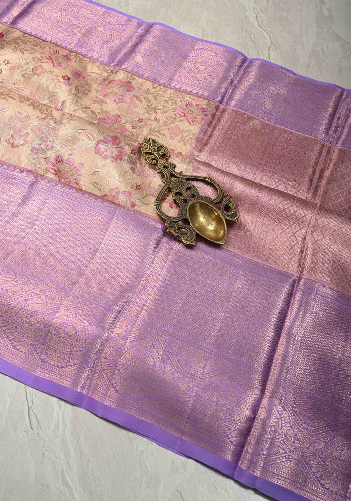 Beige Rose Kanjivaram Tissue Silk Saree with Meenakari Floral Jaal and Lavender Purple Border | SILK MARK CERTIFIED