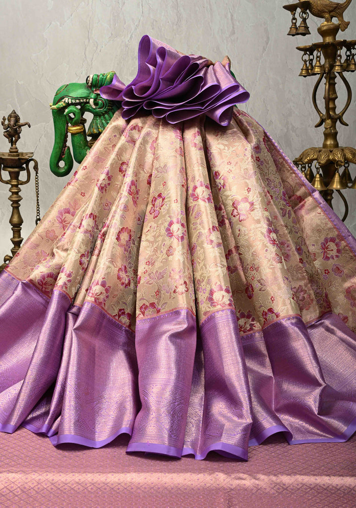 Beige Rose Kanjivaram Tissue Silk Saree with Meenakari Floral Jaal and Lavender Purple Border | SILK MARK CERTIFIED