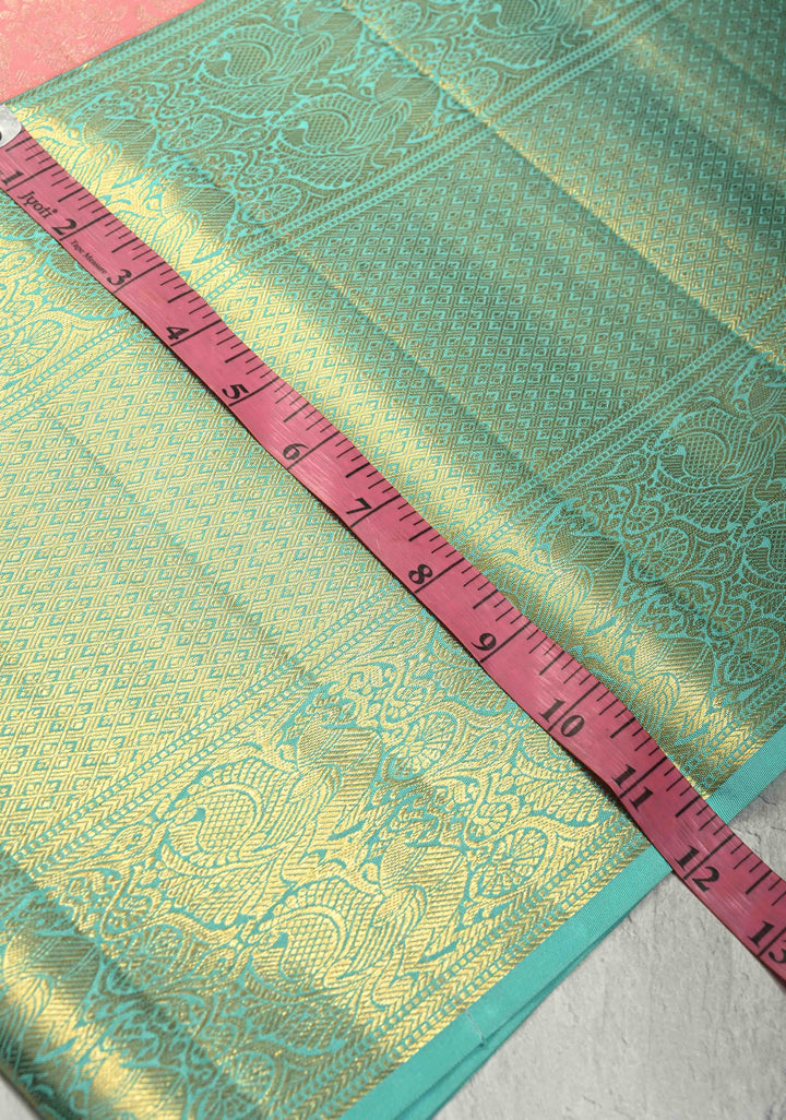 Salmon Pink Kanjivaram Pure Silk Saree with Silver Floral Jaal and Contrast Wide Zari Border | SILK MARK CERTIFIED | SHOBITAM