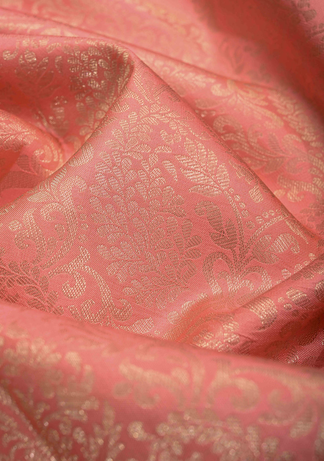 Salmon Pink Kanjivaram Pure Silk Saree with Silver Floral Jaal and Contrast Wide Zari Border | SILK MARK CERTIFIED | SHOBITAM