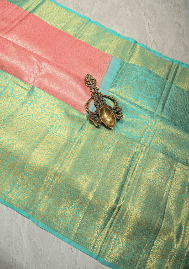 Salmon Pink Kanjivaram Pure Silk Saree with Silver Floral Jaal and Contrast Wide Zari Border | SILK MARK CERTIFIED | SHOBITAM