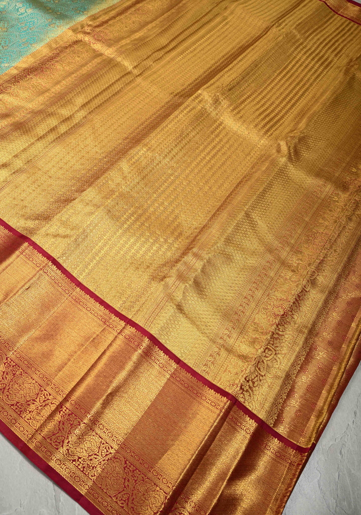 Sage Green Tissue Kanjivaram Pure Silk Saree with Meenakari  Brocade and Contrast Wide Zari Border | SILK MARK CERTIFIED