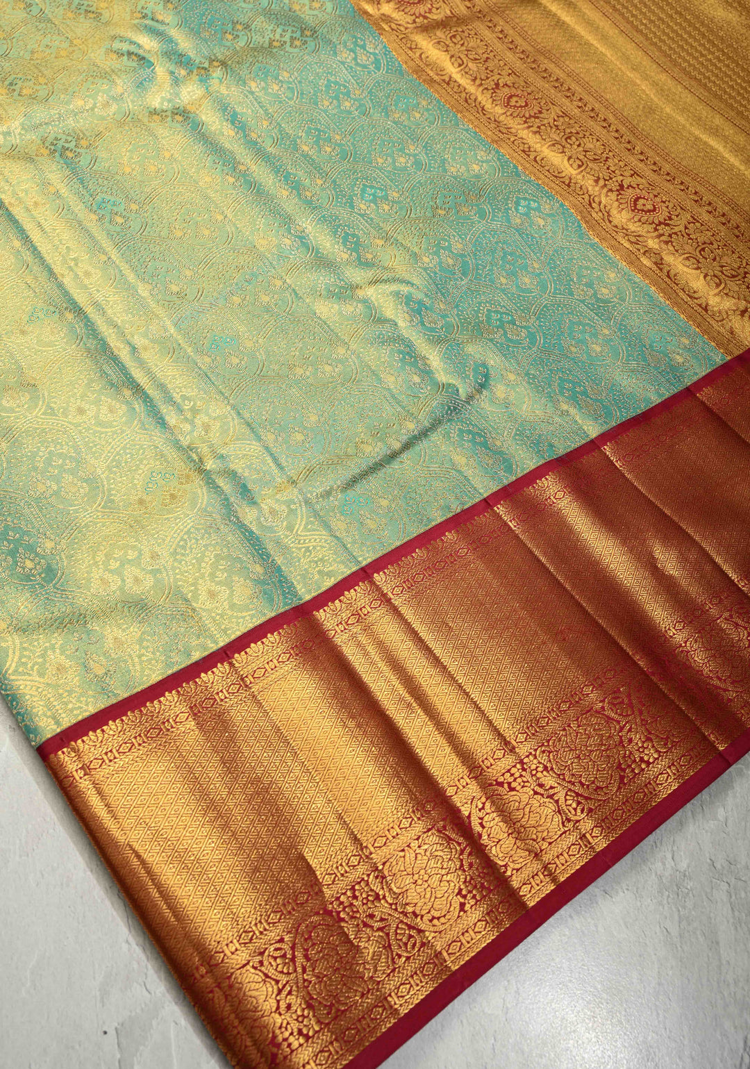 Sage Green Tissue Kanjivaram Pure Silk Saree with Meenakari  Brocade and Contrast Wide Zari Border | SILK MARK CERTIFIED