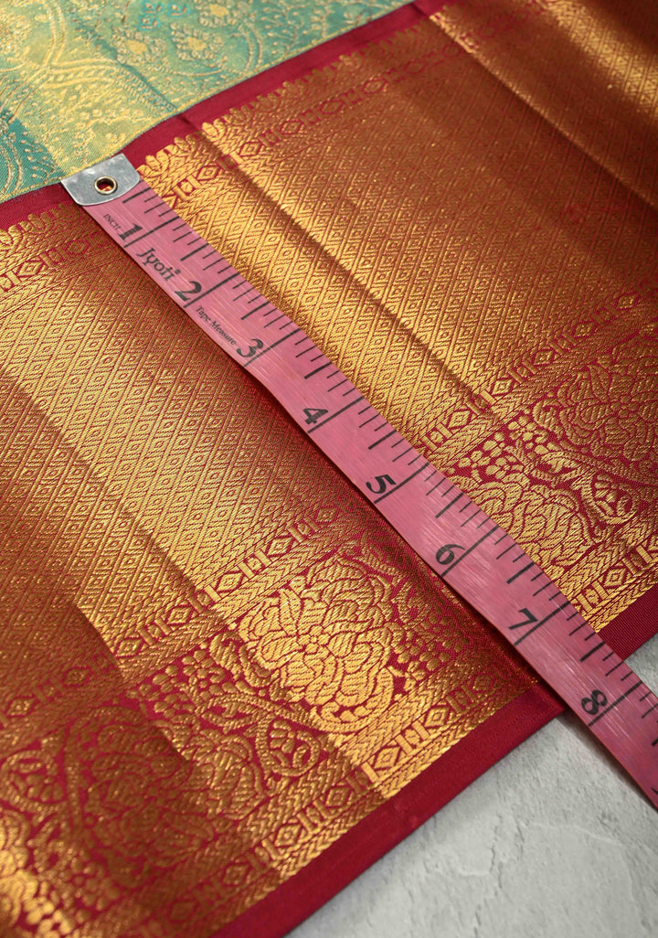 Sage Green Tissue Kanjivaram Pure Silk Saree with Meenakari  Brocade and Contrast Wide Zari Border | SILK MARK CERTIFIED