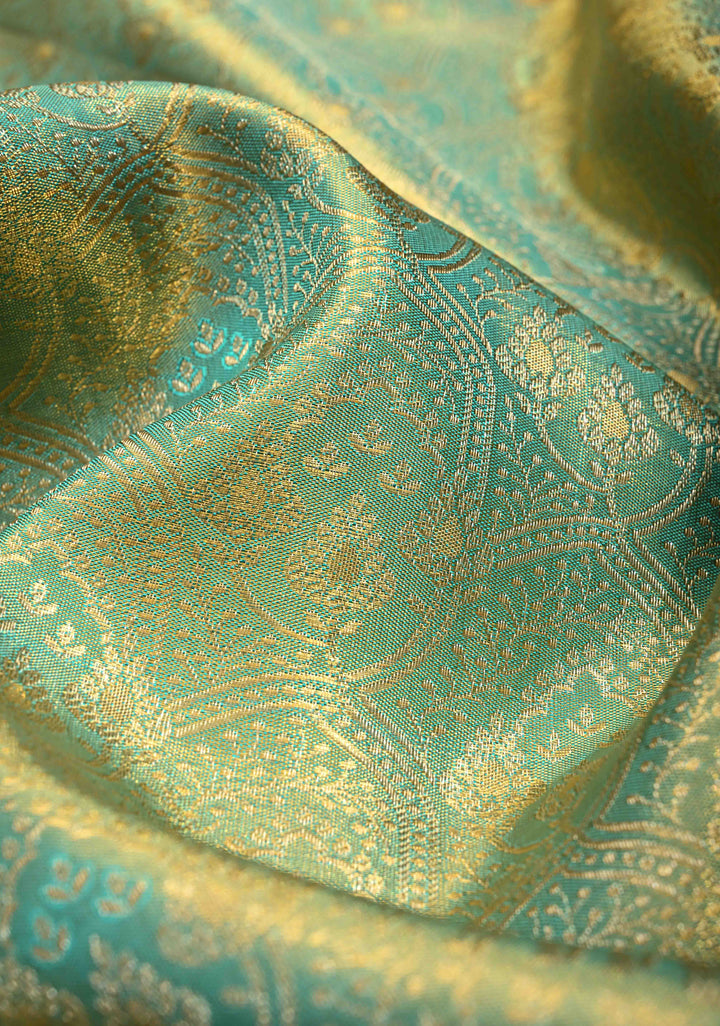 Sage Green Tissue Kanjivaram Pure Silk Saree with Meenakari  Brocade and Contrast Wide Zari Border | SILK MARK CERTIFIED
