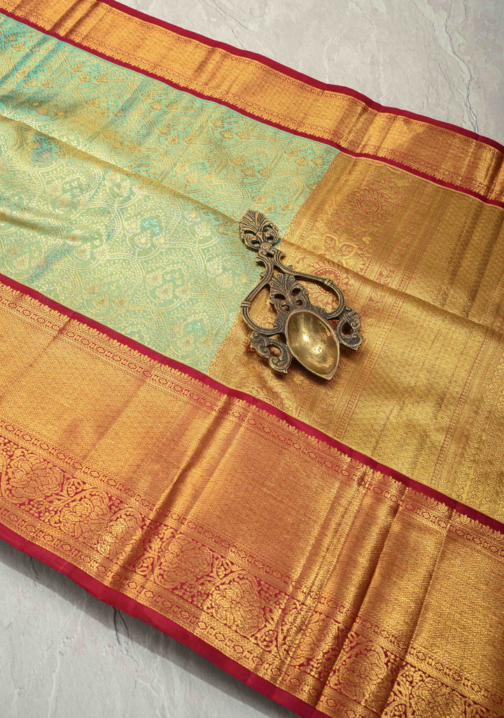 Sage Green Tissue Kanjivaram Pure Silk Saree with Meenakari  Brocade and Contrast Wide Zari Border | SILK MARK CERTIFIED