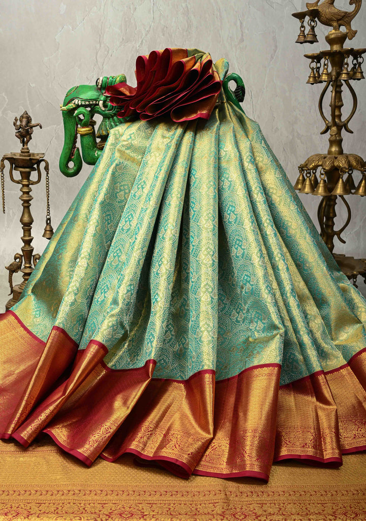 Sage Green Tissue Kanjivaram Pure Silk Saree with Meenakari  Brocade and Contrast Wide Zari Border | SILK MARK CERTIFIED