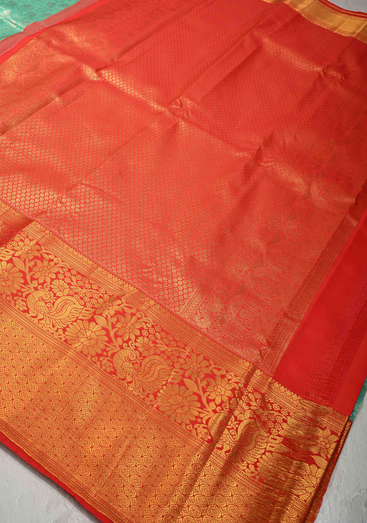 Mint Aqua Kanjivaram Pure Silk Saree with  Silver Floral Jaal and Contrast Red Border | SILK MARK CERTIFIED