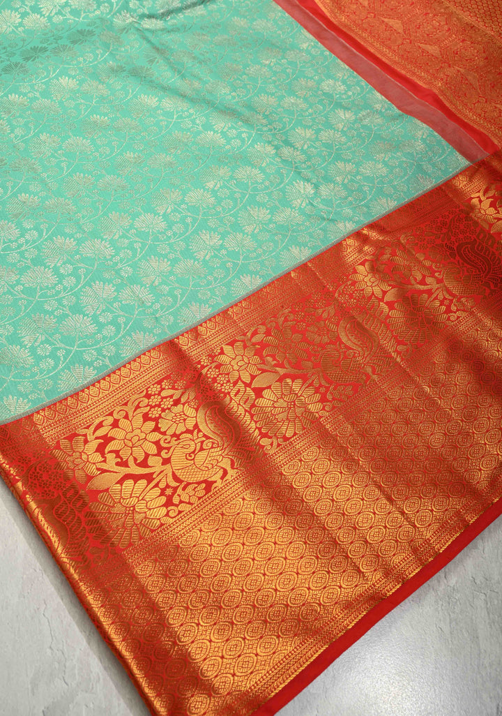 Mint Aqua Kanjivaram Pure Silk Saree with  Silver Floral Jaal and Contrast Red Border | SILK MARK CERTIFIED