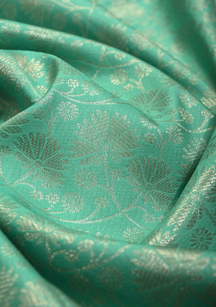 Mint Aqua Kanjivaram Pure Silk Saree with  Silver Floral Jaal and Contrast Red Border | SILK MARK CERTIFIED