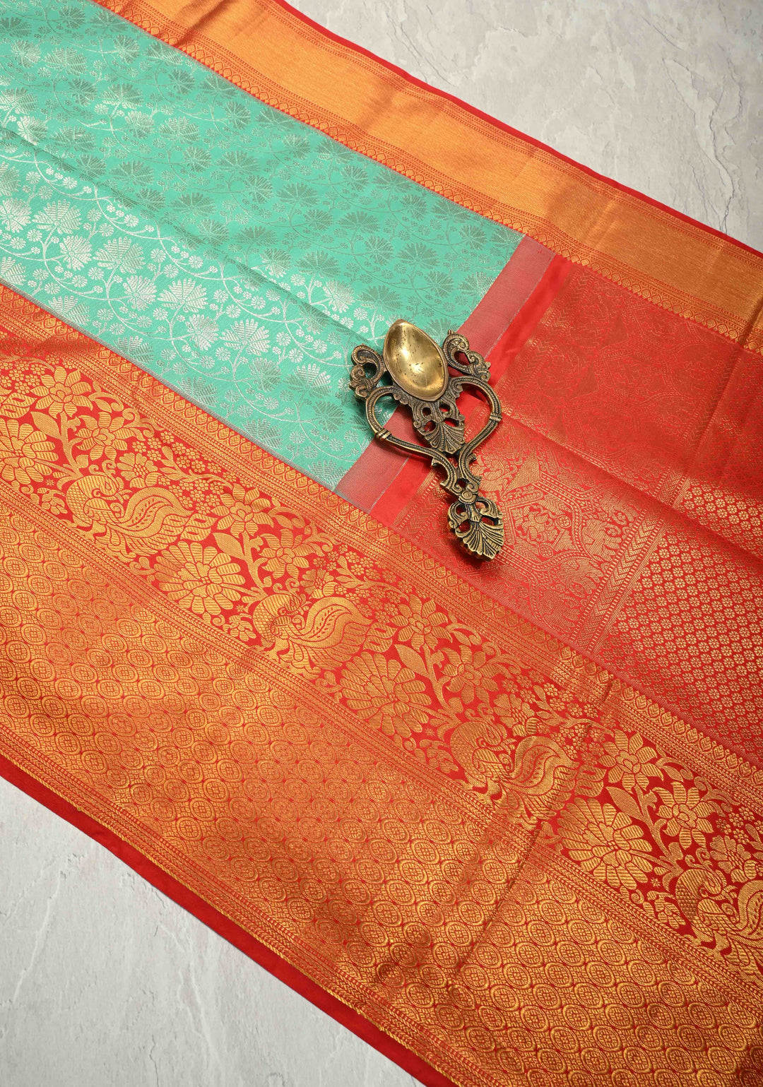Mint Aqua Kanjivaram Pure Silk Saree with  Silver Floral Jaal and Contrast Red Border | SILK MARK CERTIFIED