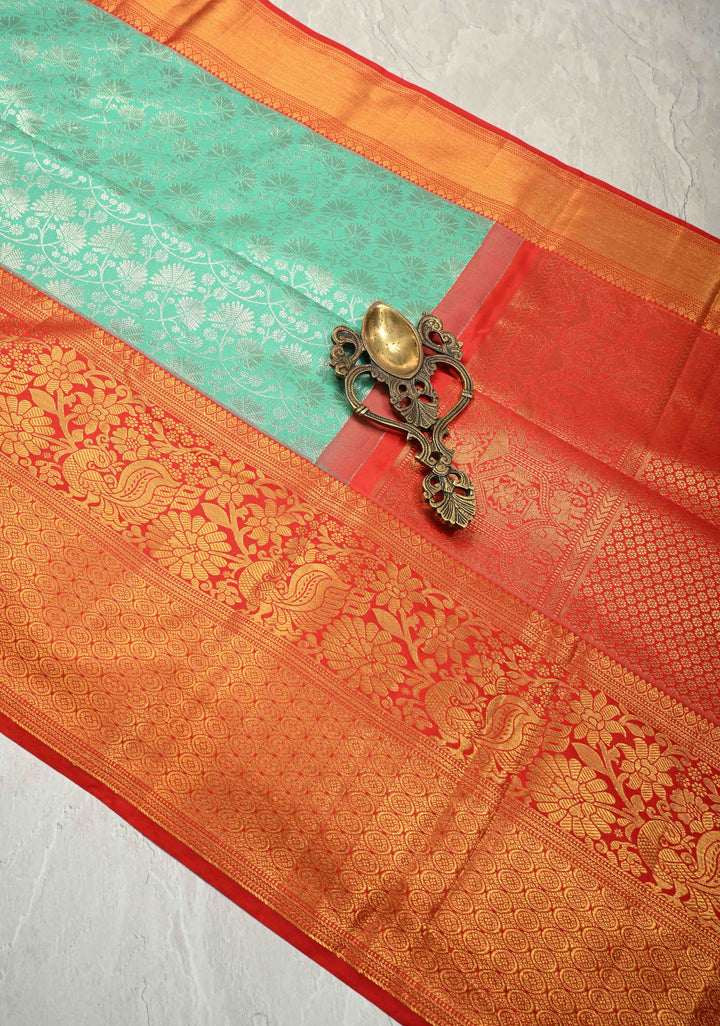 Mint Aqua Kanjivaram Pure Silk Saree with  Silver Floral Jaal and Contrast Red Border | SILK MARK CERTIFIED