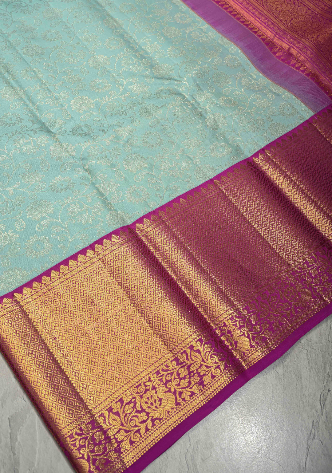 Pastel Sky Blue Kanjivaram Pure Silk Saree with Silver Floral Jaal and Contrast Border