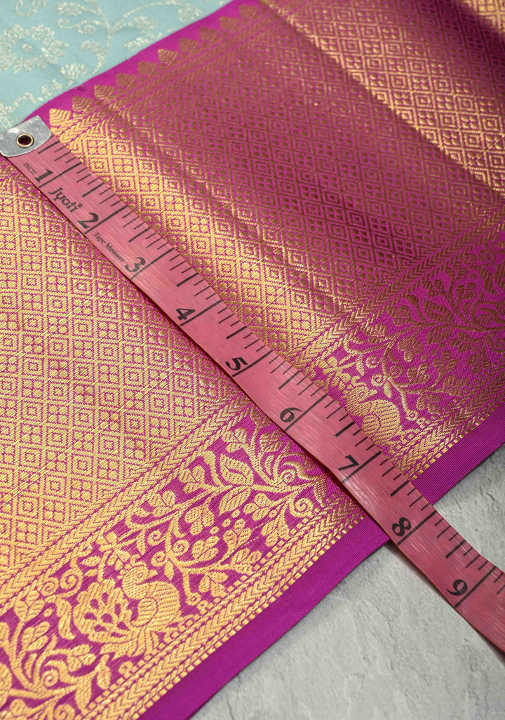 Pastel Sky Blue Kanjivaram Pure Silk Saree with Silver Floral Jaal and Contrast Border