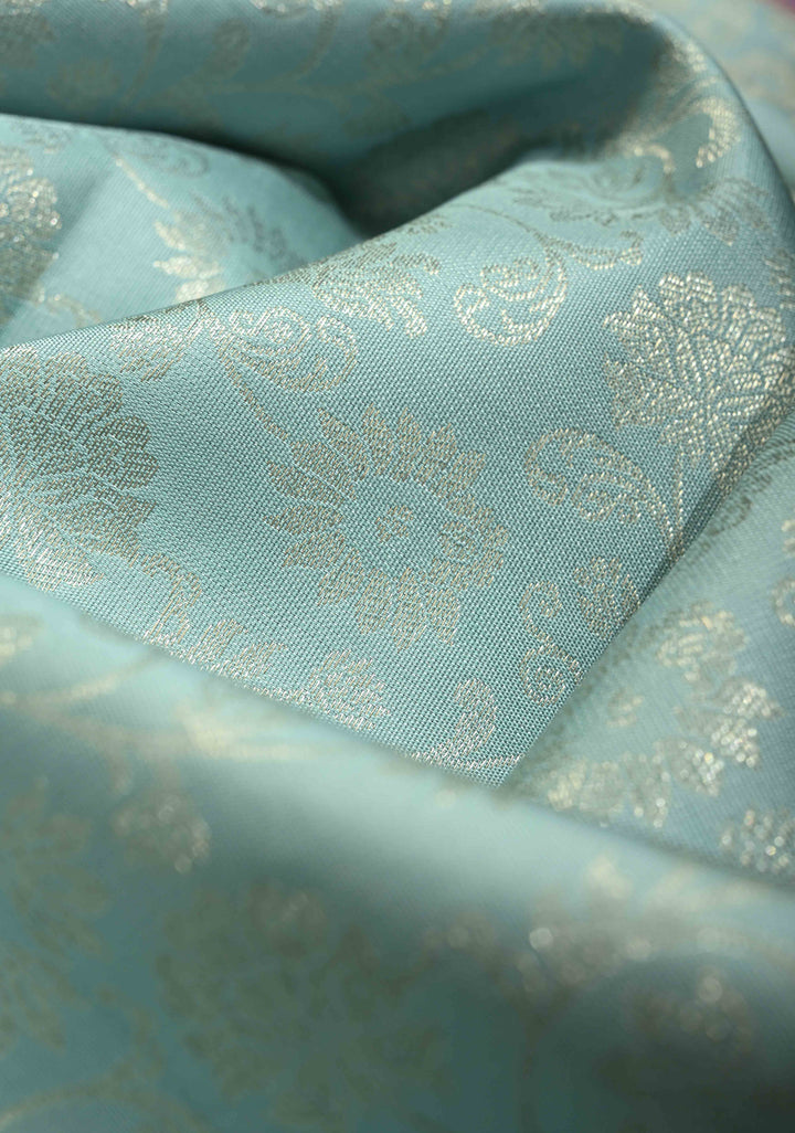 Pastel Sky Blue Kanjivaram Pure Silk Saree with Silver Floral Jaal and Contrast Border