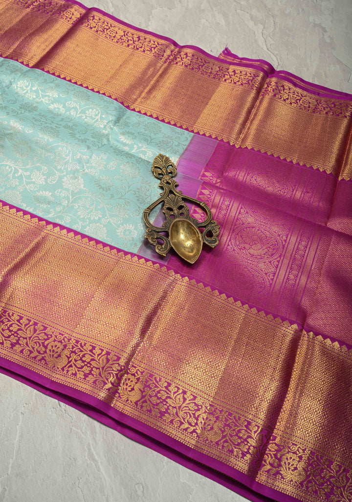 Pastel Sky Blue Kanjivaram Pure Silk Saree with Silver Floral Jaal and Contrast Border