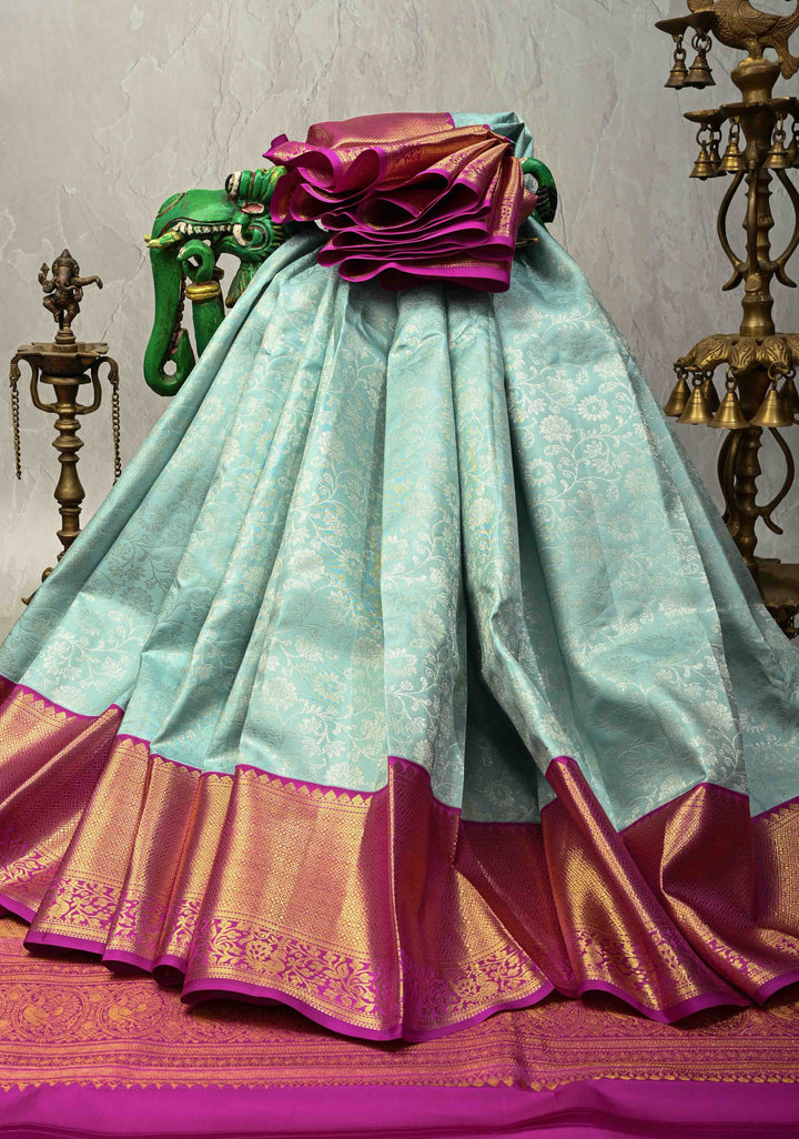 Pastel Sky Blue Kanjivaram Pure Silk Saree with Silver Floral Jaal and Contrast Border