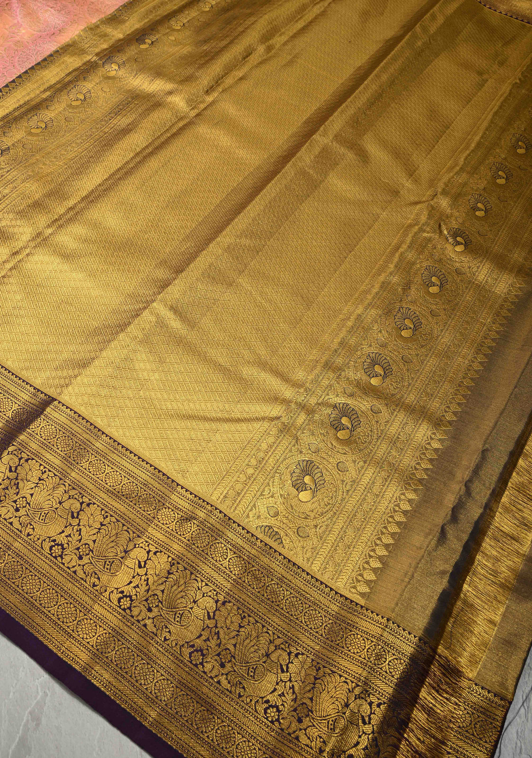 Pink Dual Tone Tissue Kanjivaram Pure Silk Saree with Meenakari Floral Jaal Brocade and Contrast Korvai Zari Border | SILK MARK CERTIFIED