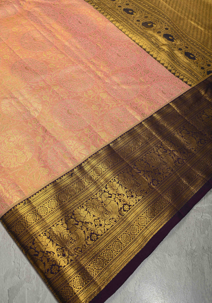Pink Dual Tone Tissue Kanjivaram Pure Silk Saree with Meenakari Floral Jaal Brocade and Contrast Korvai Zari Border | SILK MARK CERTIFIED