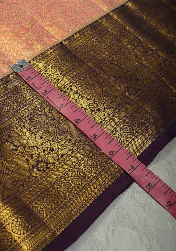 Pink Dual Tone Tissue Kanjivaram Pure Silk Saree with Meenakari Floral Jaal Brocade and Contrast Korvai Zari Border | SILK MARK CERTIFIED